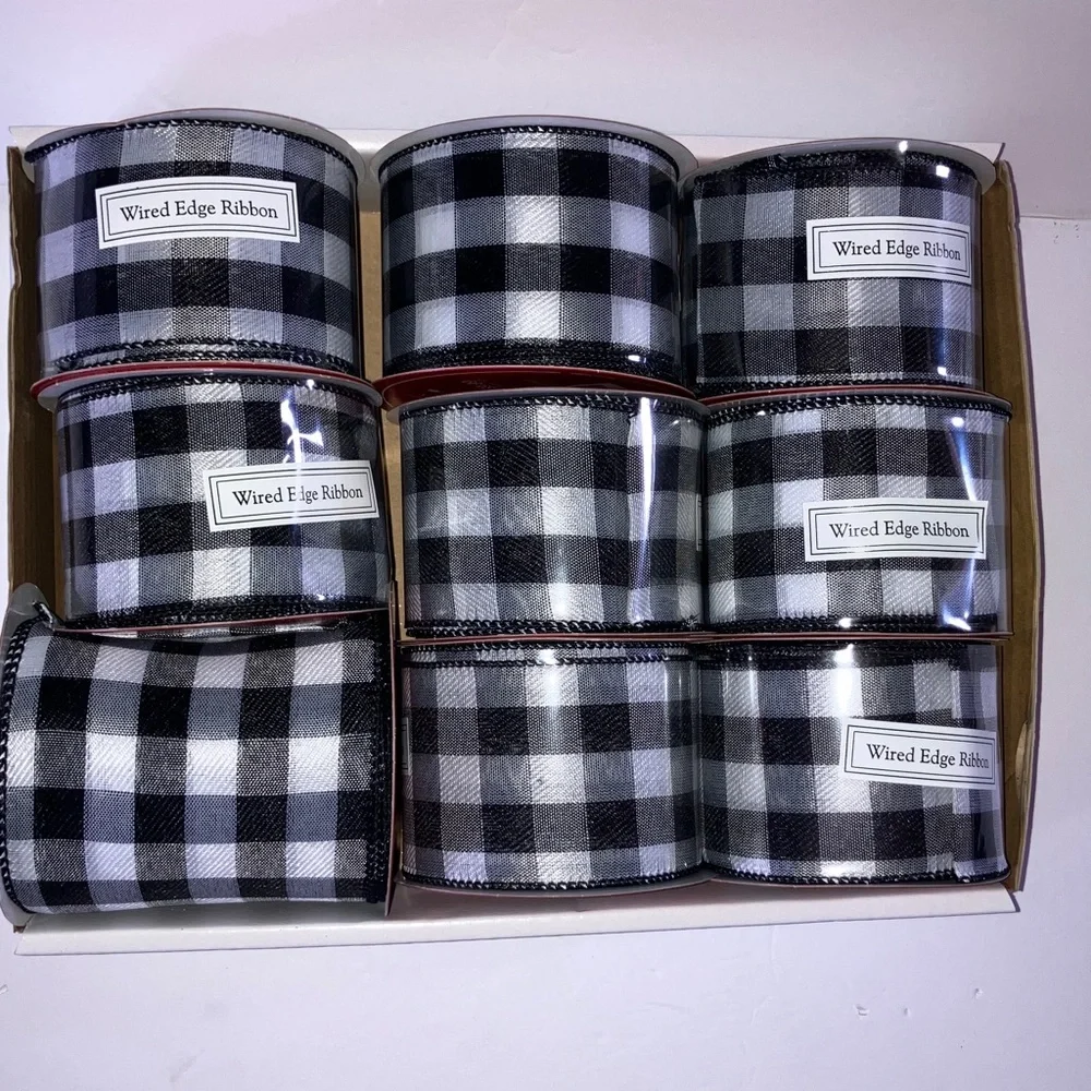 8 Rolls‎ Black and White Checkered Wired Edge Ribbon Set Total 270 Feet